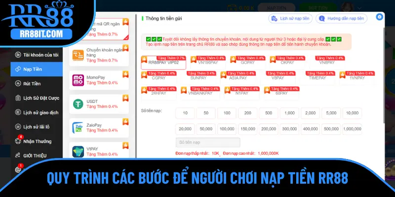 Quy trình các bước để người chơi nạp tiền RR88